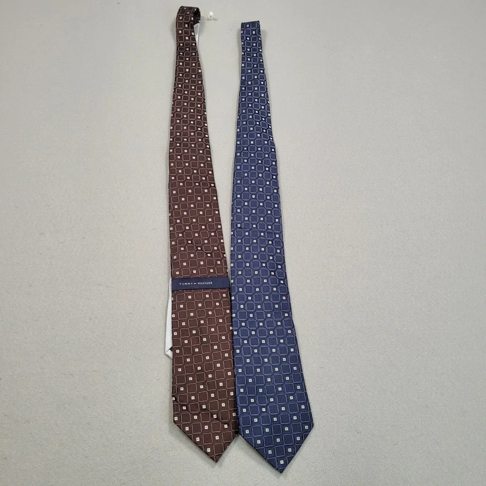 Tommy Hilfiger Mens Silk Ties Set of 2 Brown Blue Geometric Pattern Square Print
